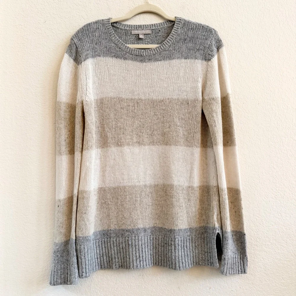 Banana Republic Mens Striped Wool Blend Crew‎ Neck Sweater Gray Tan Medium